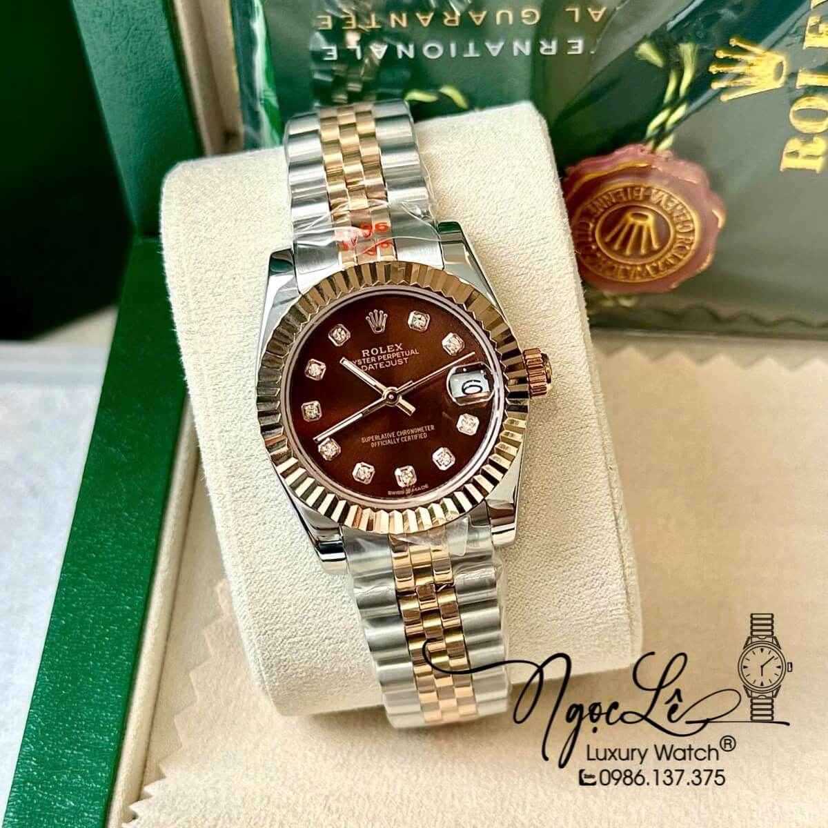 Đồng Hồ Rolex Datejust Nữ Tự Động Dây Kim Loại Demi Rose Mặt Nâu Niềng Khía Size 31mm
