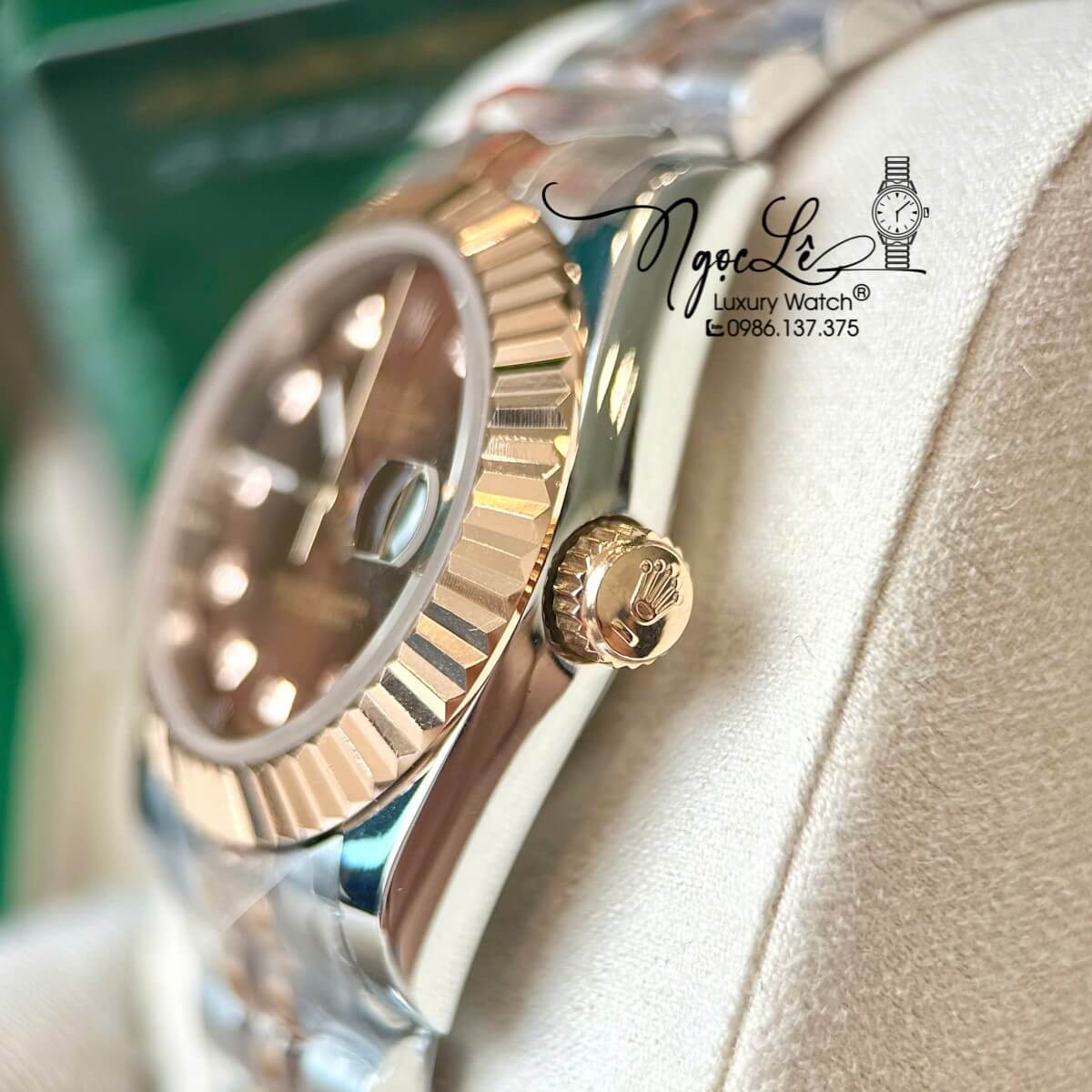 Đồng Hồ Rolex Datejust Nữ Tự Động Dây Kim Loại Demi Rose Mặt Nâu Niềng Khía Size 31mm