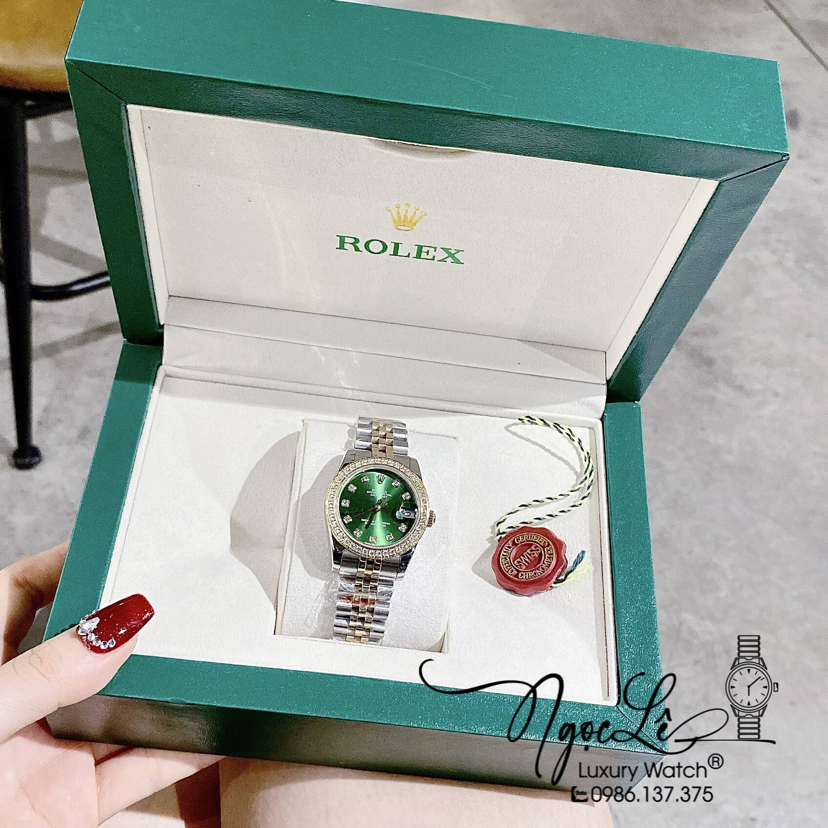 Đồng Hồ Rolex Datejust Nữ Máy Cơ Tự Động Dây Kim Loại Demi Vàng Mặt Xanh Đính Đá Size 31mm