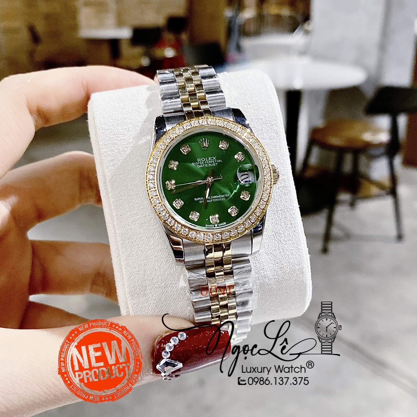 Đồng Hồ Rolex Datejust Nữ Máy Cơ Tự Động Dây Kim Loại Demi Vàng Mặt Xanh Đính Đá Size 31mm