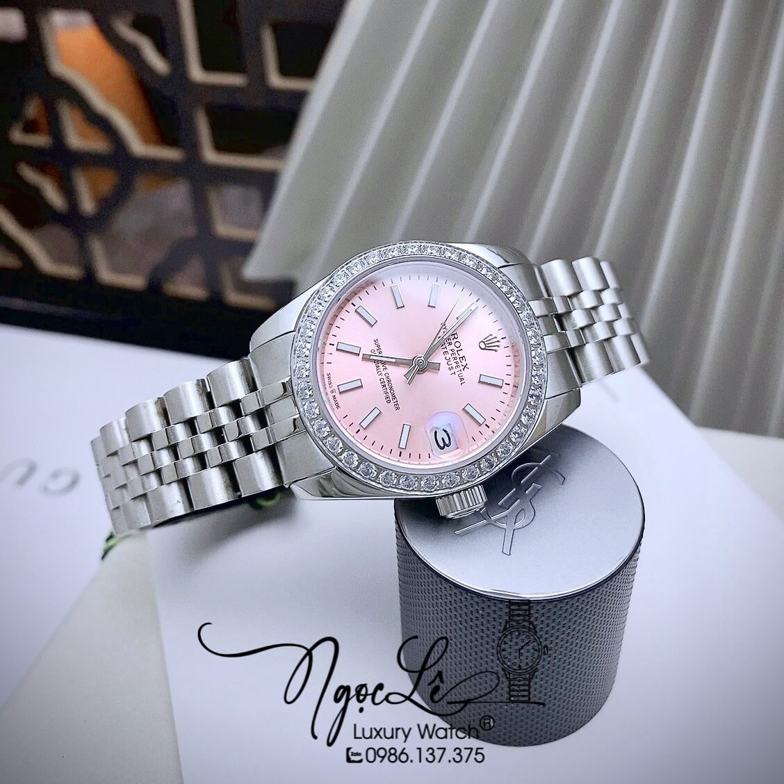 Đồng Hồ Rolex Datejust Nữ Máy Cơ Tự Động Dây Kim Loại Bạc Mặt Hồng Size 31mm