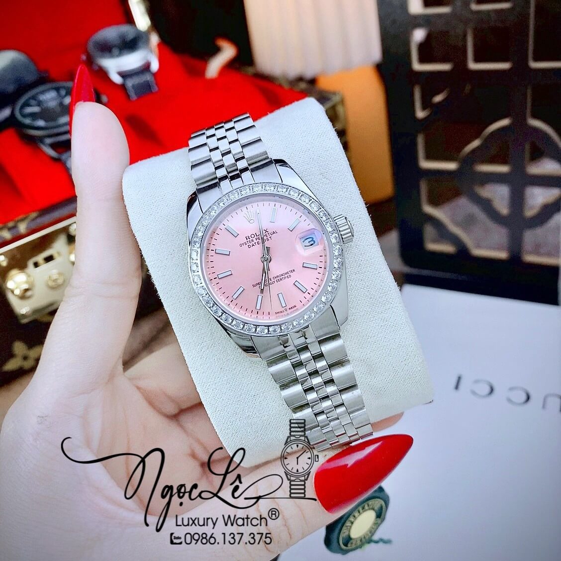 Đồng Hồ Rolex Datejust Nữ Máy Cơ Tự Động Dây Kim Loại Bạc Mặt Hồng Size 31mm