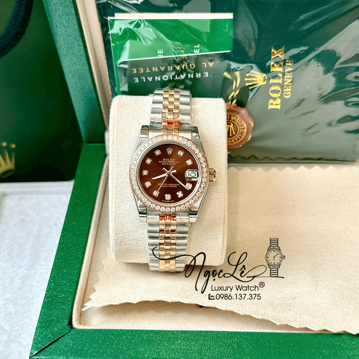 Đồng Hồ Rolex Datejust Nữ Tự Động Dây Kim Loại Demi Rose Mặt Nâu Đính Đá Size 31mm
