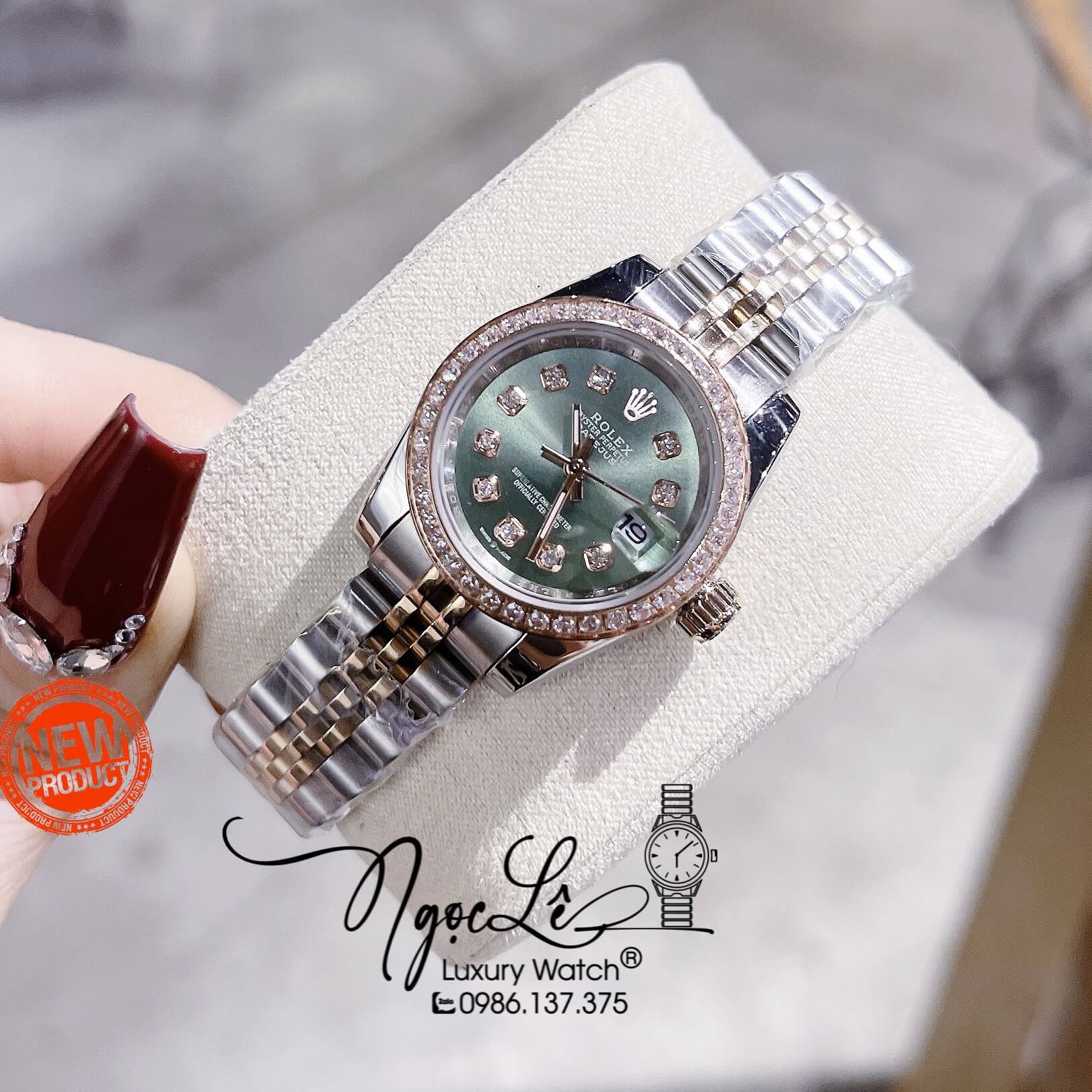 Đồng Hồ Nữ Rolex Datejust Pin Demi Vàng Mặt Xanh Lục Đính Đá Size 28mm