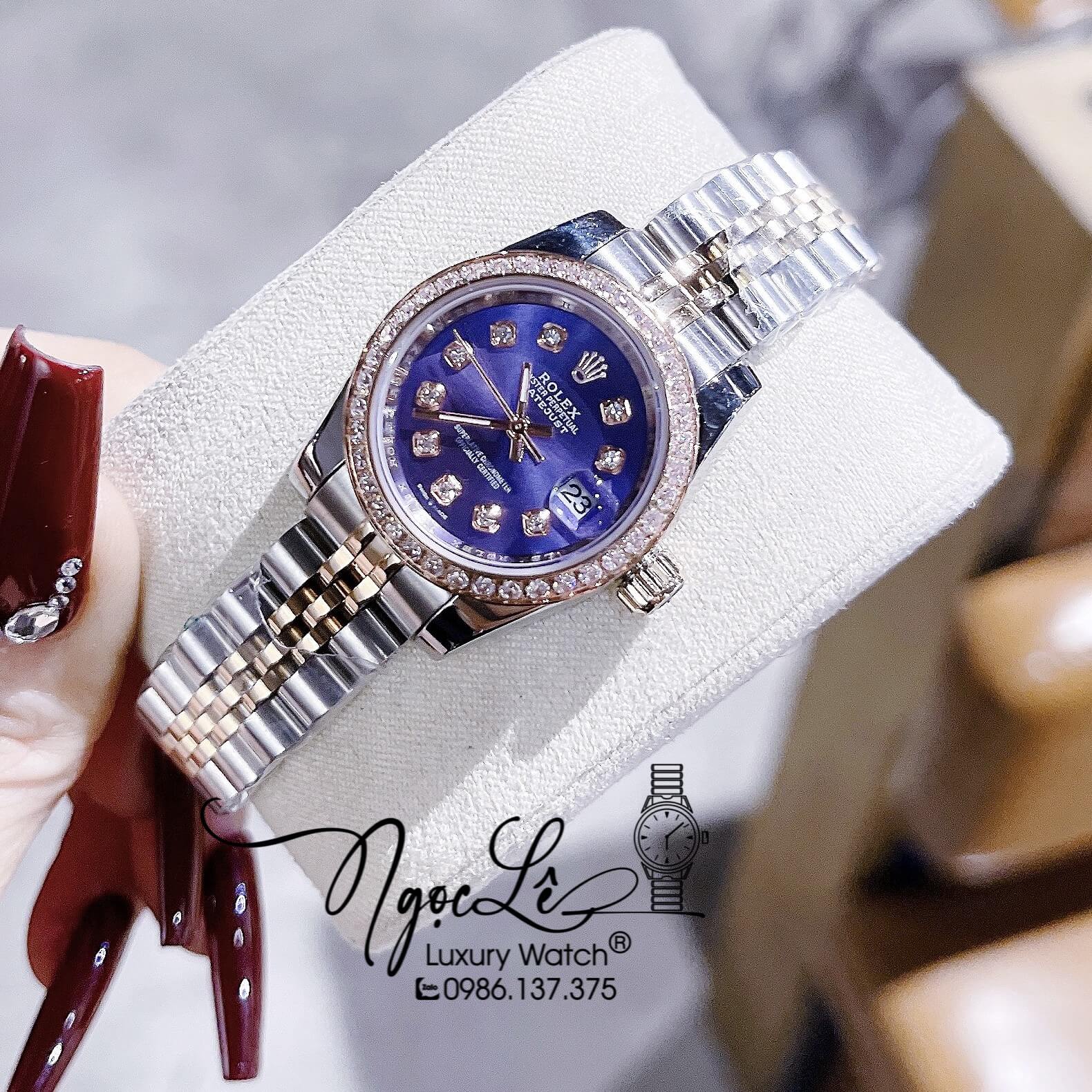 Đồng Hồ Nữ Rolex Datejust Pin Demi Vàng Mặt Tím Đính Đá Size 28mm