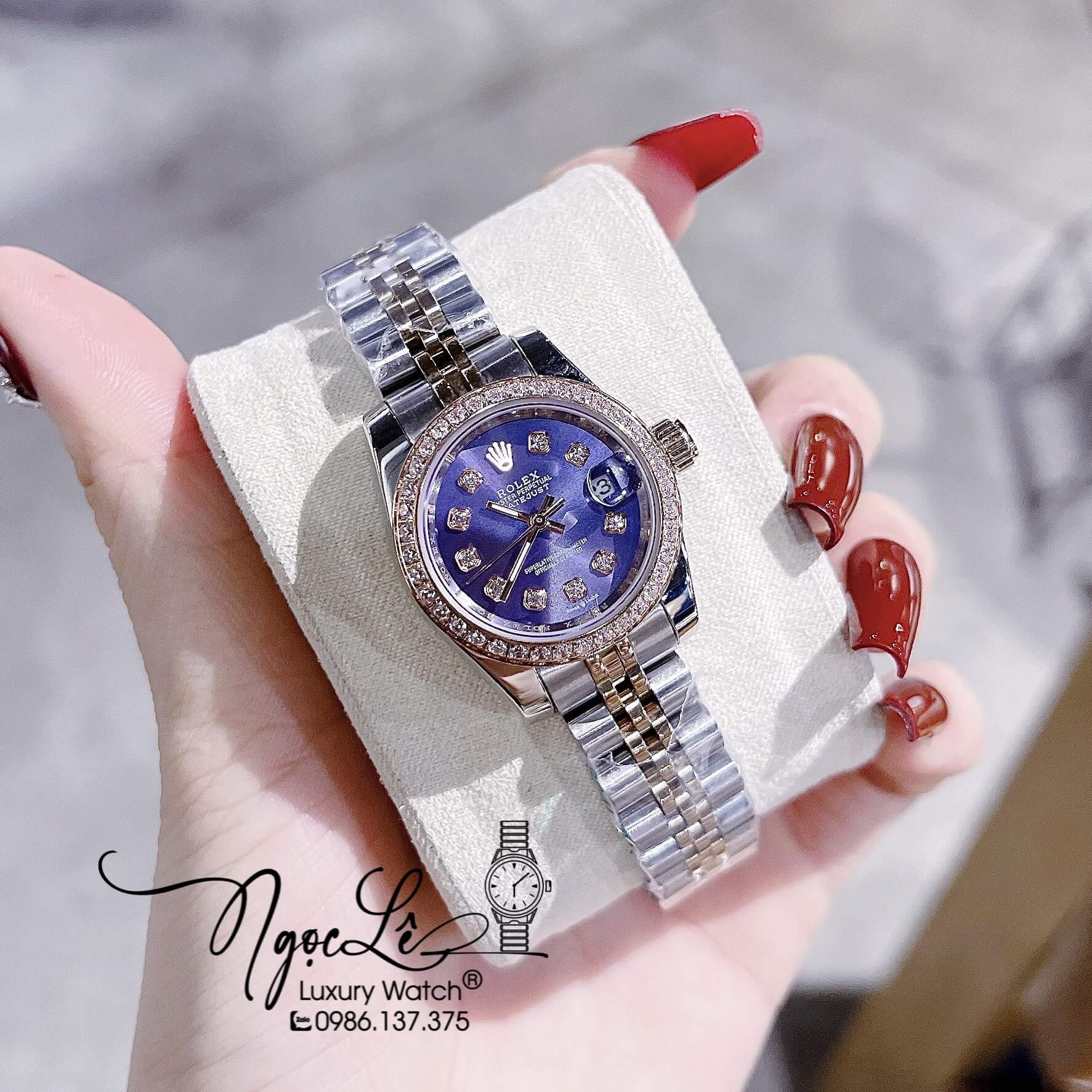 Đồng Hồ Nữ Rolex Datejust Pin Demi Vàng Mặt Tím Đính Đá Size 28mm