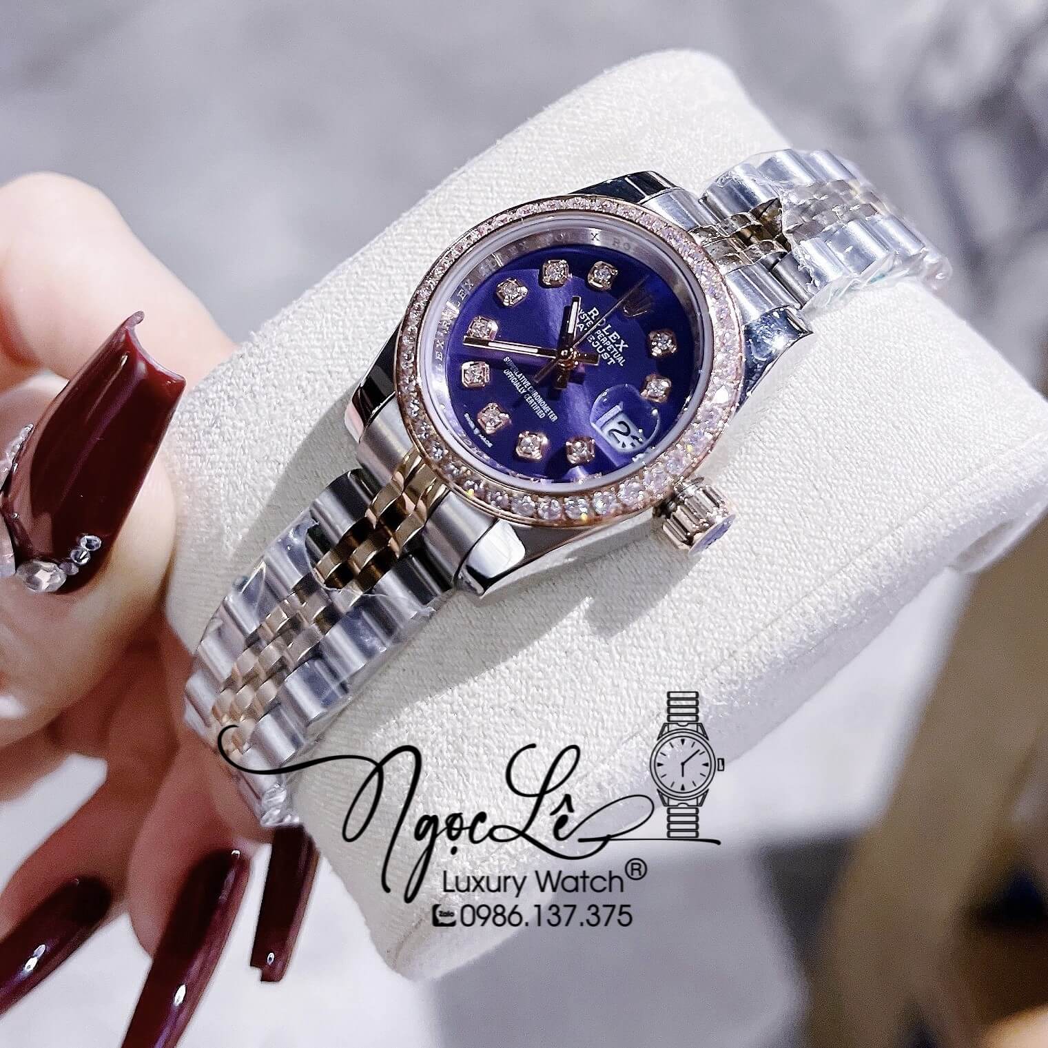 Đồng Hồ Nữ Rolex Datejust Pin Demi Vàng Mặt Tím Đính Đá Size 28mm