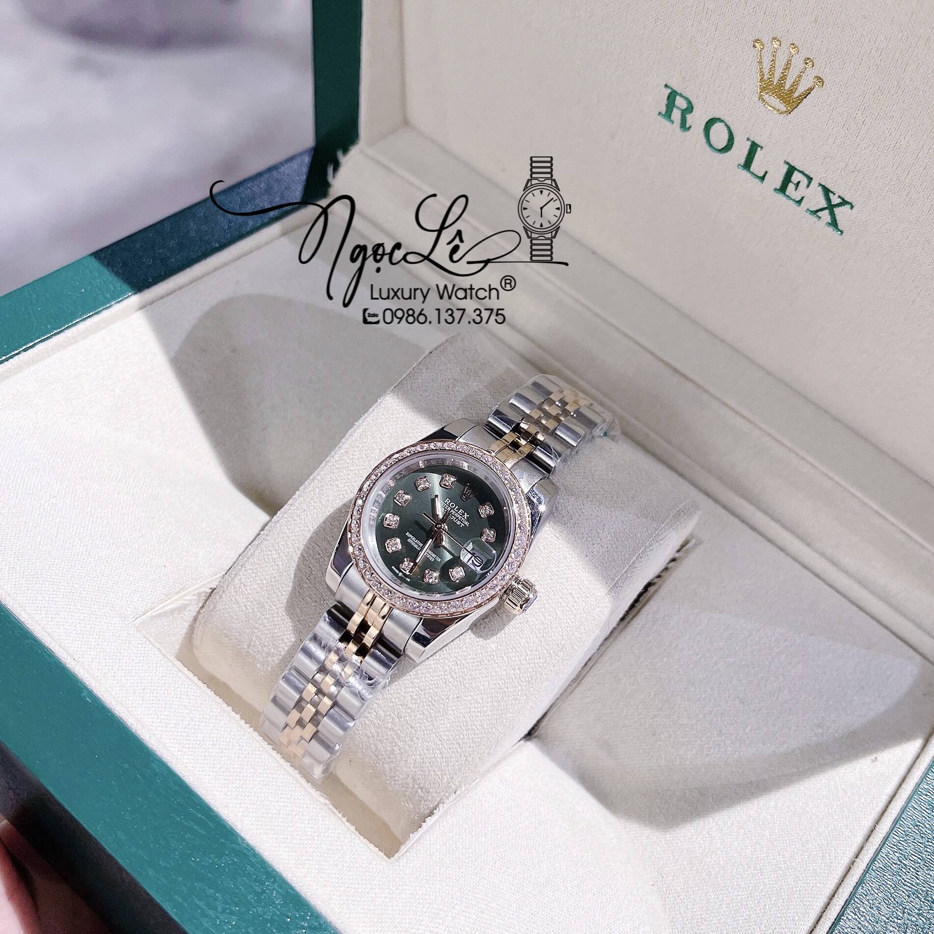 Đồng Hồ Nữ Rolex Datejust Pin Demi Vàng Mặt Xanh Lục Đính Đá Size 28mm