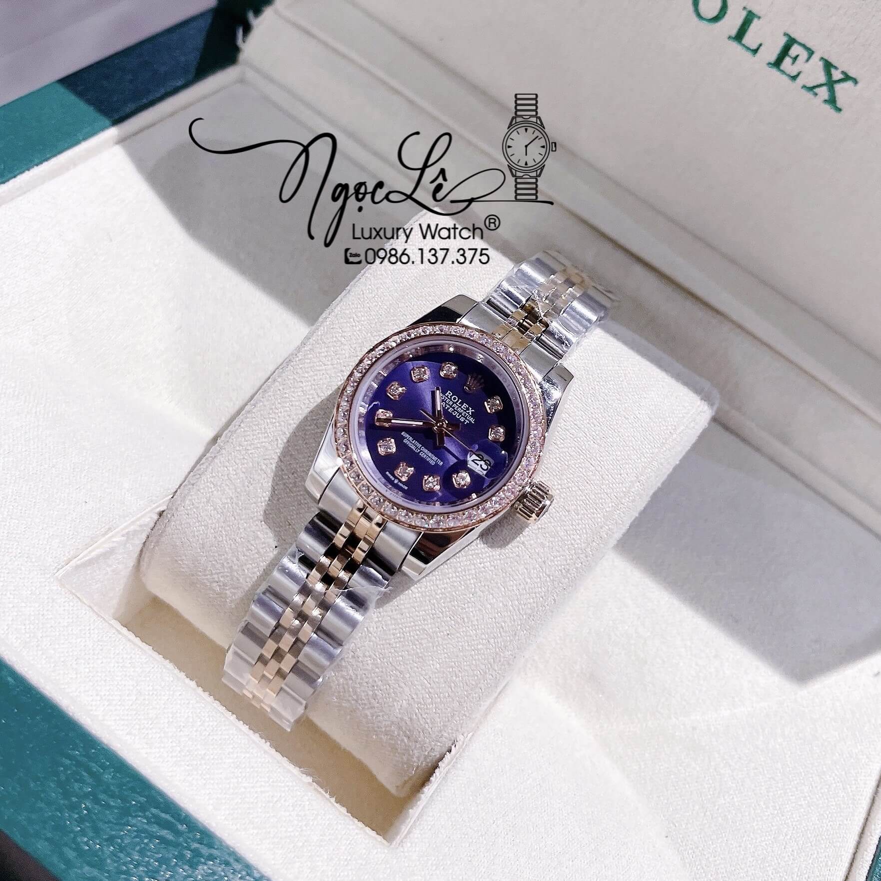 Đồng Hồ Nữ Rolex Datejust Pin Demi Vàng Mặt Tím Đính Đá Size 28mm