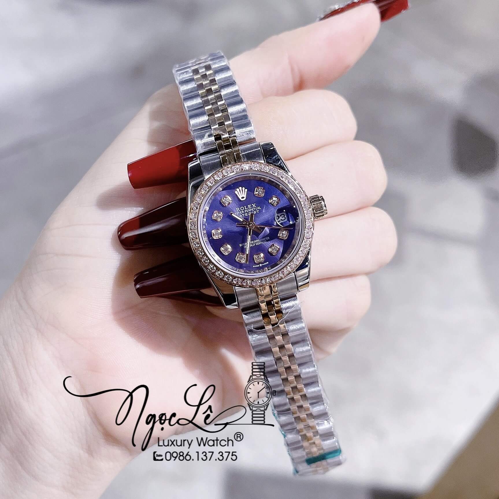 Đồng Hồ Nữ Rolex Datejust Pin Demi Vàng Mặt Tím Đính Đá Size 28mm