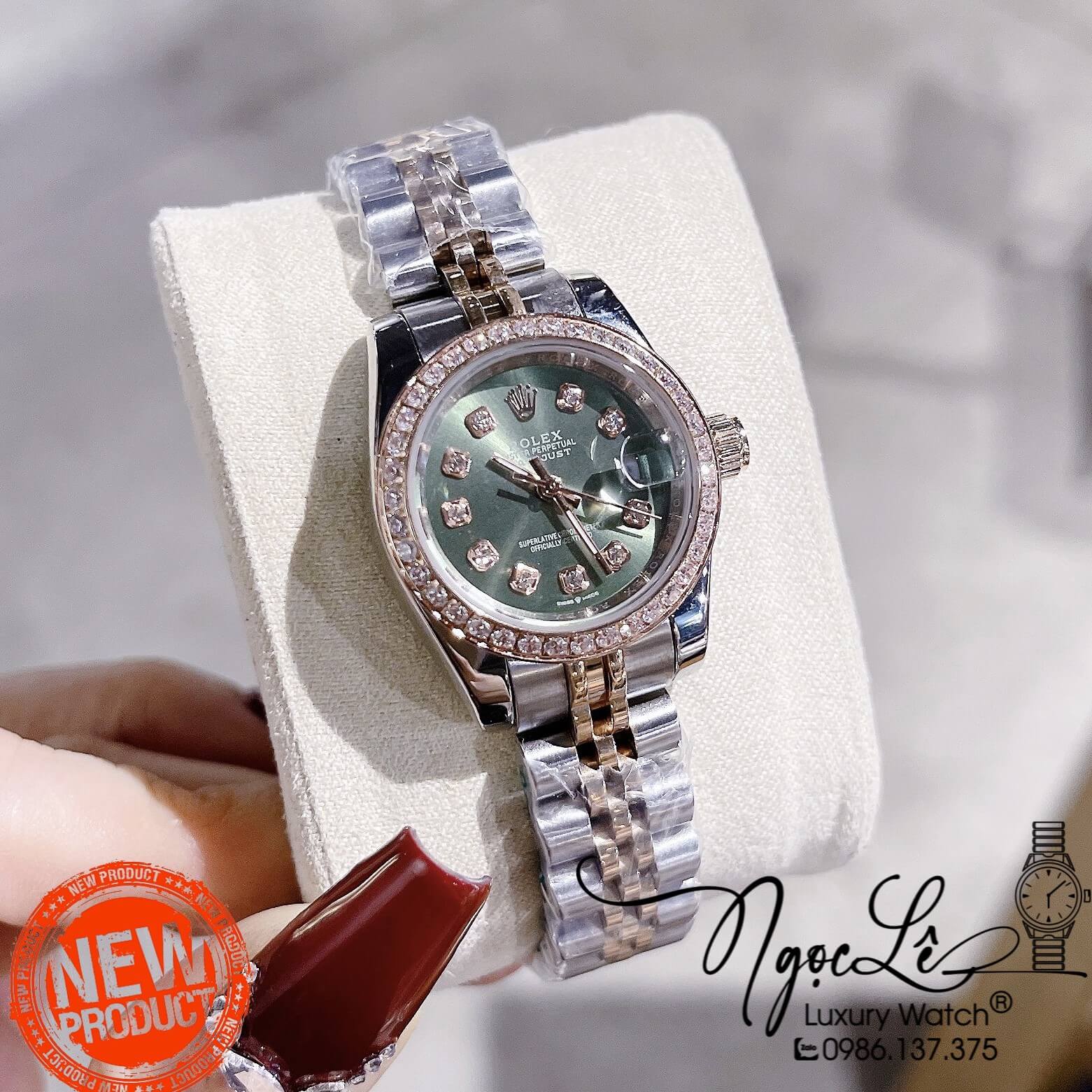 Đồng Hồ Nữ Rolex Datejust Pin Demi Vàng Mặt Xanh Lục Đính Đá Size 28mm