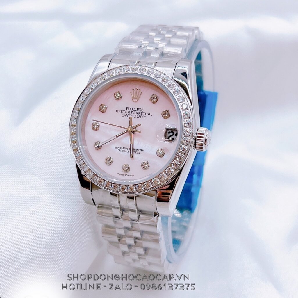 Đồng Hồ Nữ Rolex Datejust Kim Loại Bạc Mặt Hồng Xà Cừ Viền Đá 32mm