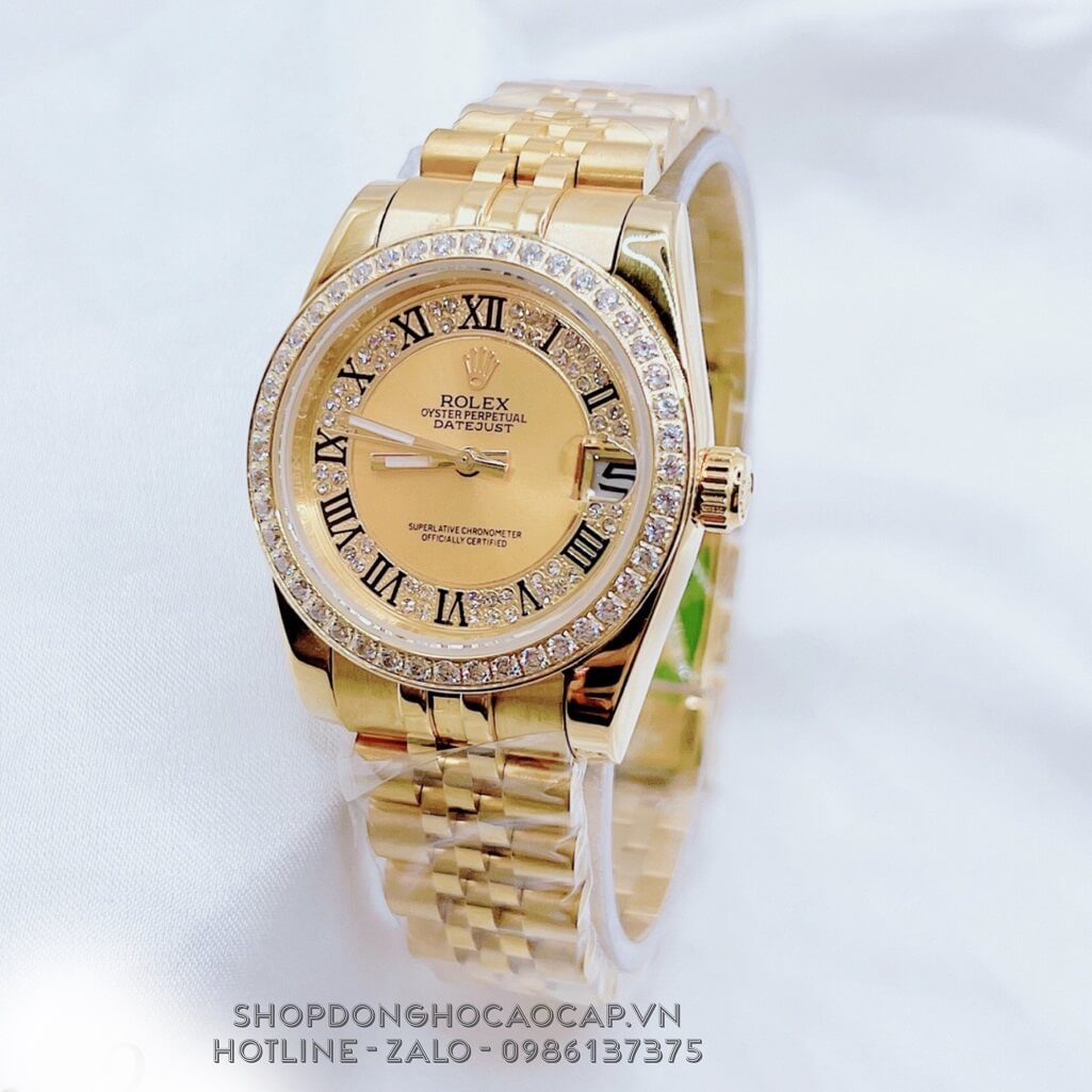 Đồng Hồ Nữ Rolex Datejust Vàng Mặt Số La Mã Viền Đá 32mm