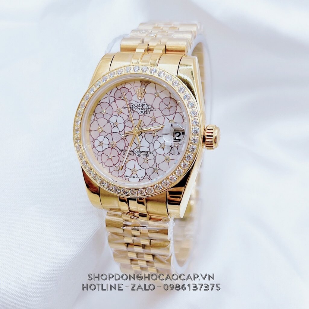 Đồng Hồ Nữ Rolex Datejust Dây Vàng Mặt Hoa 3D Viền Đá 32mm