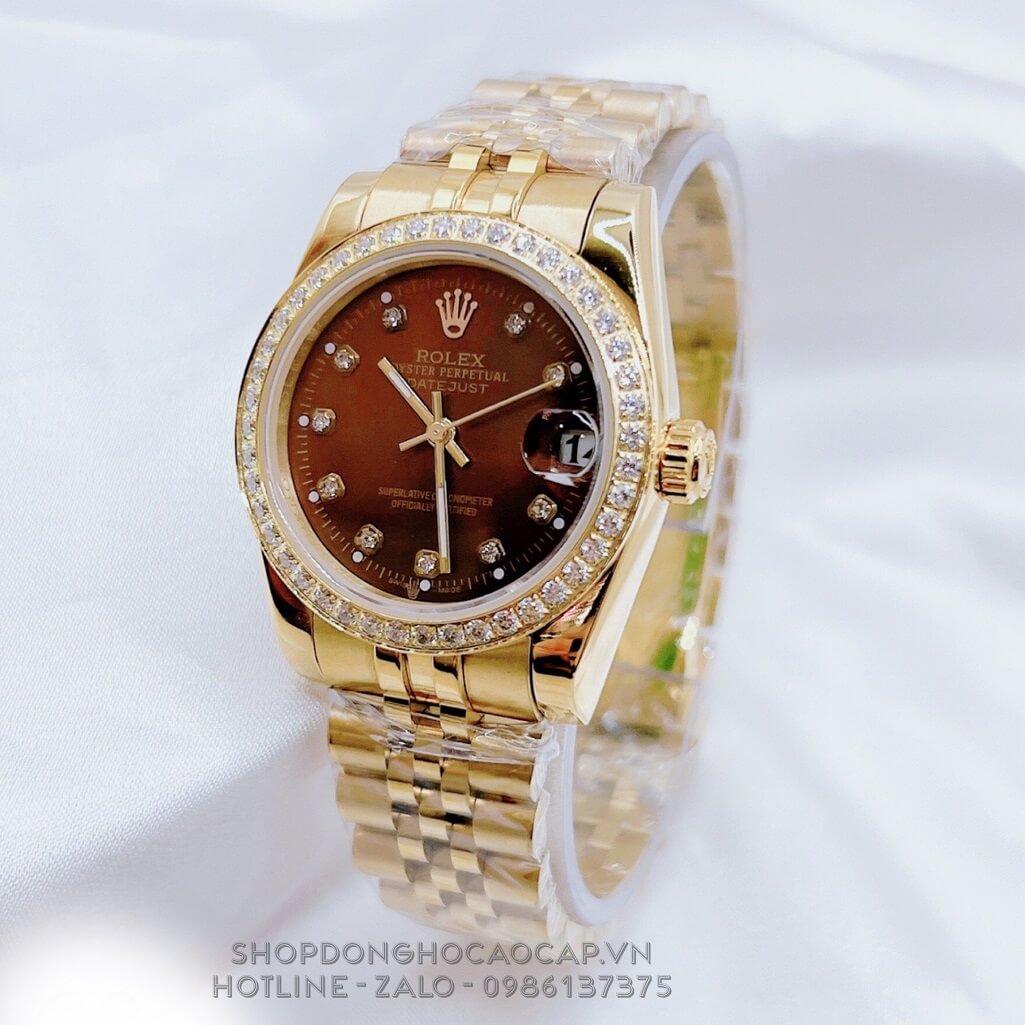 Đồng Hồ Nữ Rolex Datejust Dây Vàng Mặt Nâu Viền Đá 32mm