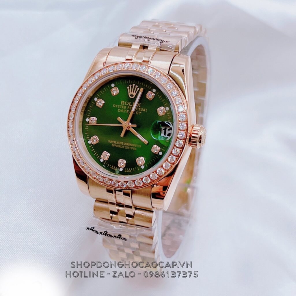 Đồng Hồ Nữ Rolex Datejust Kim Loại Rose Mặt Xanh Lá Viền Đá 32mm