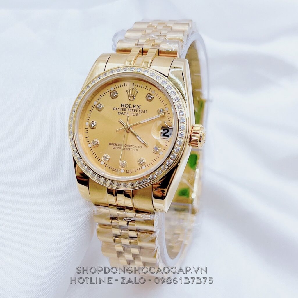 Đồng Hồ Nữ Rolex Datejust Dây Vàng Mặt Vàng Viền Đá 32mm