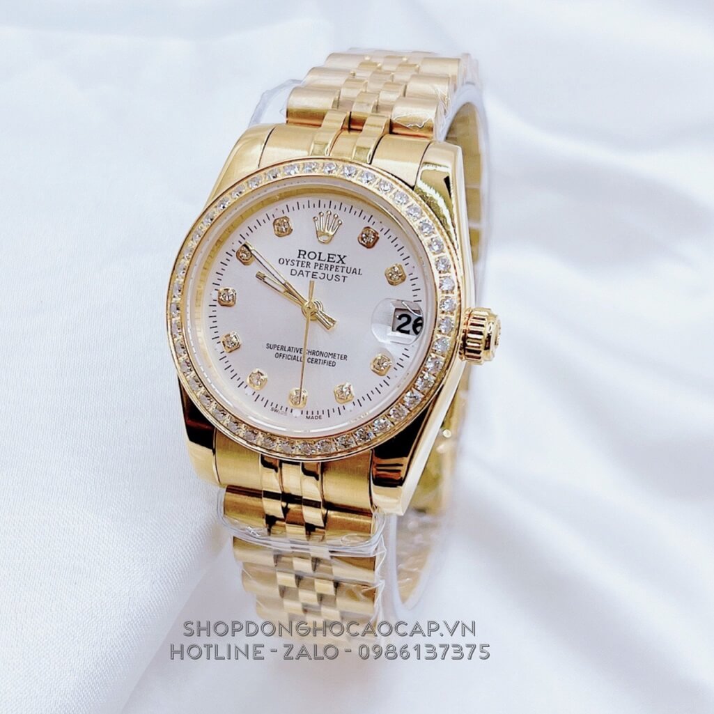 Đồng Hồ Nữ Rolex Datejust Dây Vàng Mặt Trắng Viền Đá 32mm