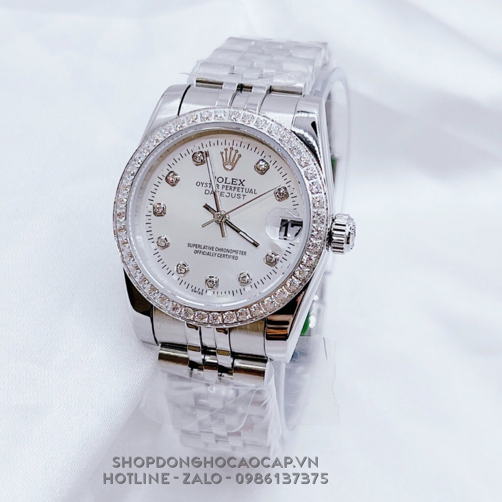 Đồng Hồ Nữ Rolex Datejust Kim Loại Bạc Mặt Trắng Viền Đá 32mm