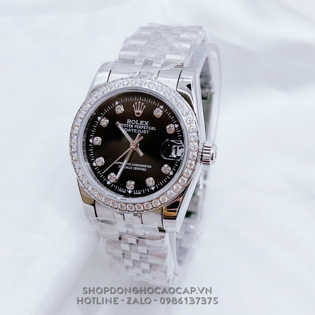 Đồng Hồ Nữ Rolex Datejust Kim Loại Bạc Mặt Đen Viền Đá 32mm