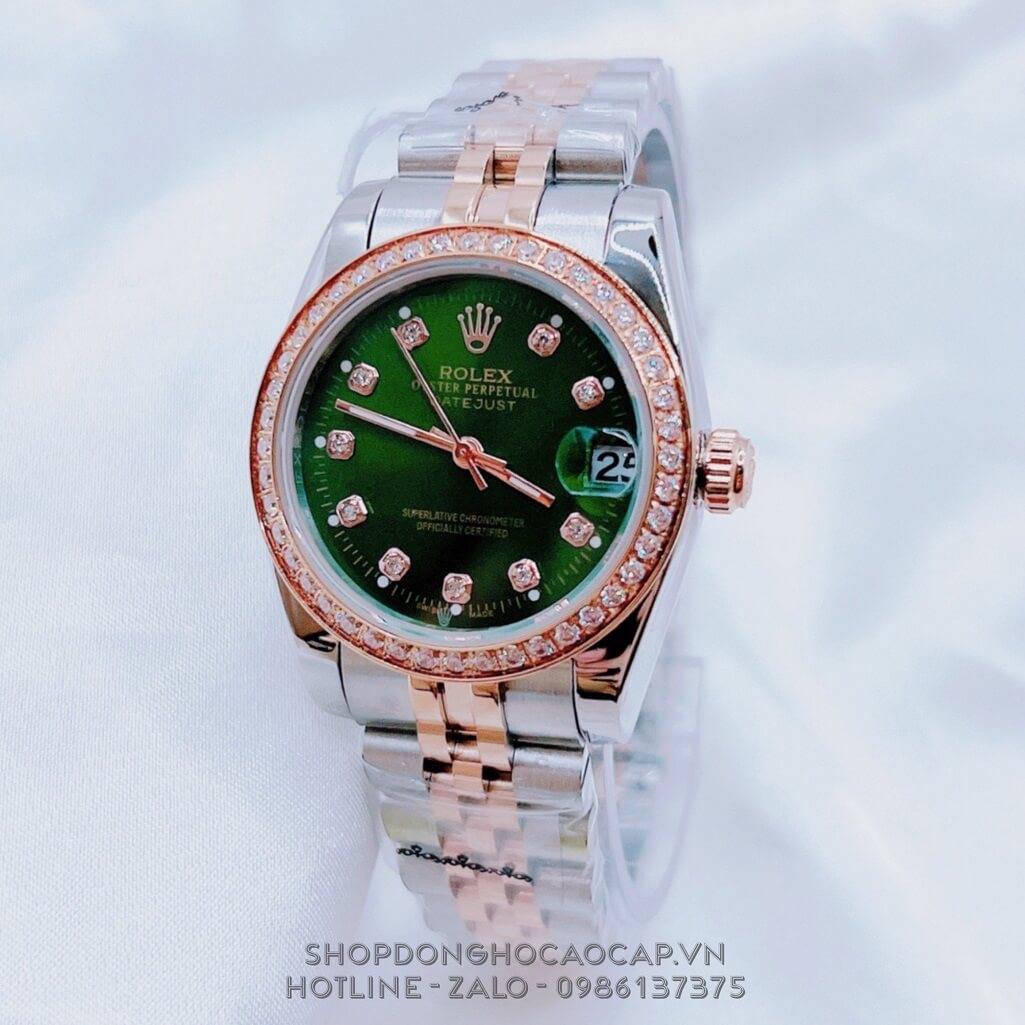 Đồng Hồ Nữ Rolex Datejust Kim Loại Demi Rose Mặt Xanh Lá Viền Đá 32mm