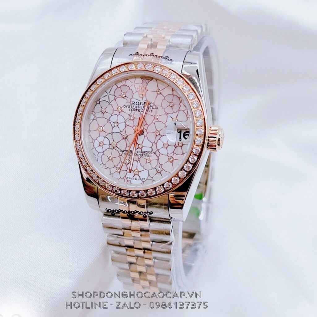 Đồng Hồ Nữ Rolex Datejust Kim Loại Mặt Hoa 3D Demi Rose Viền Đá 32mm