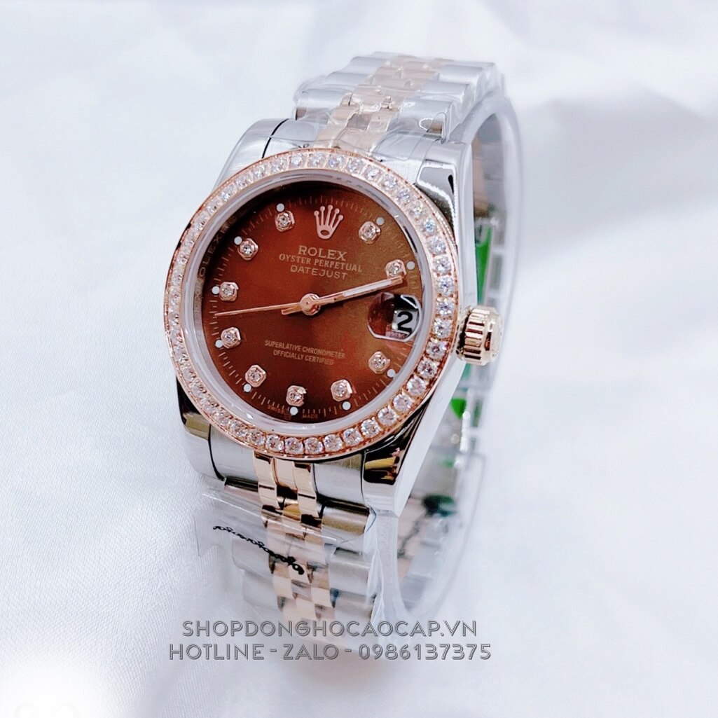 Đồng Hồ Nữ Rolex Datejust Kim Loại Demi Rose Mặt Nâu Viền Đá 32mm