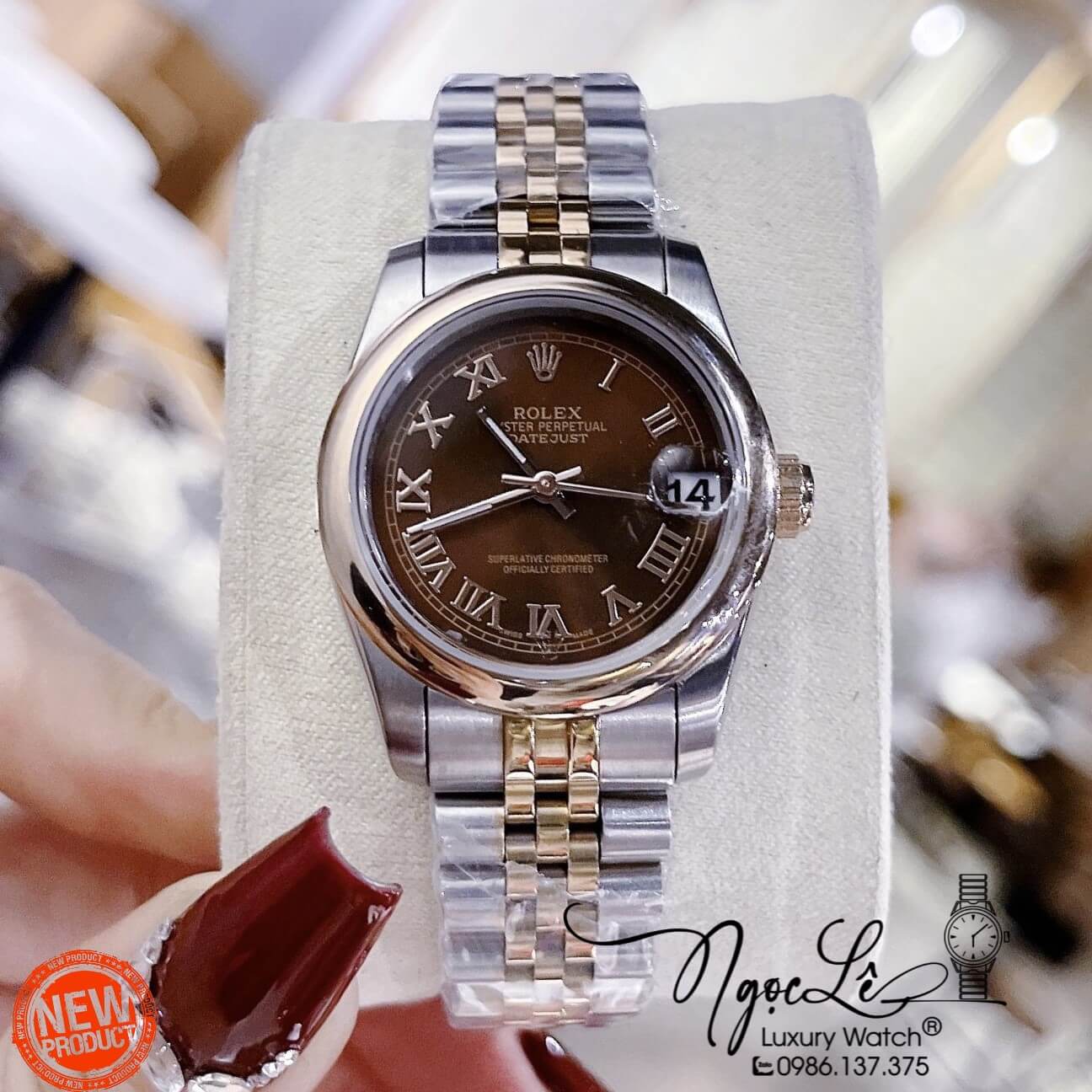 Đồng Hồ Nữ Rolex Datejust Pin Demi Rose Mặt Nâu Niềng Trơn Size 31mm