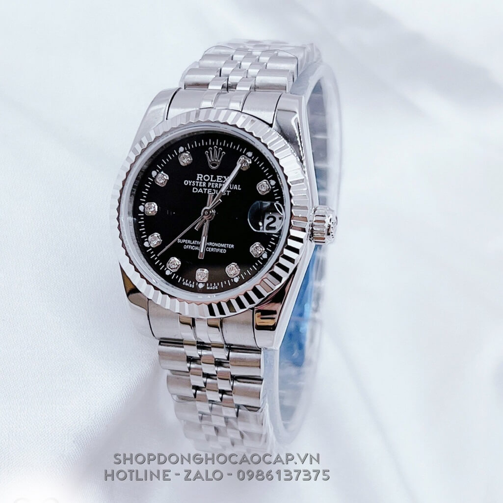 Đồng Hồ Nữ Rolex Datejust Pin Bạc Mặt Đen Khía 32mm