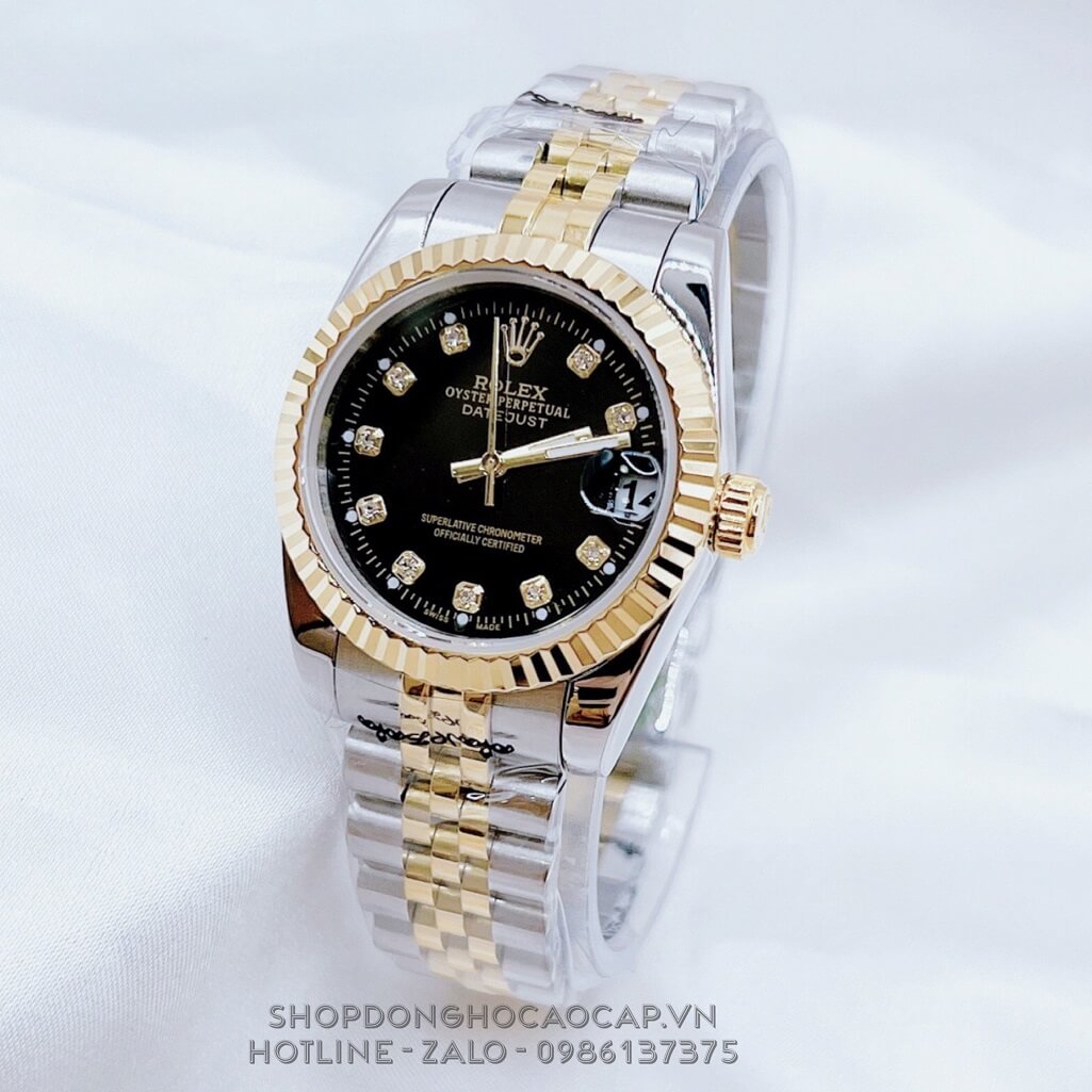 Đồng Hồ Nữ Rolex Datejust Pin Demi Vàng Đen Mặt Khía 32mm