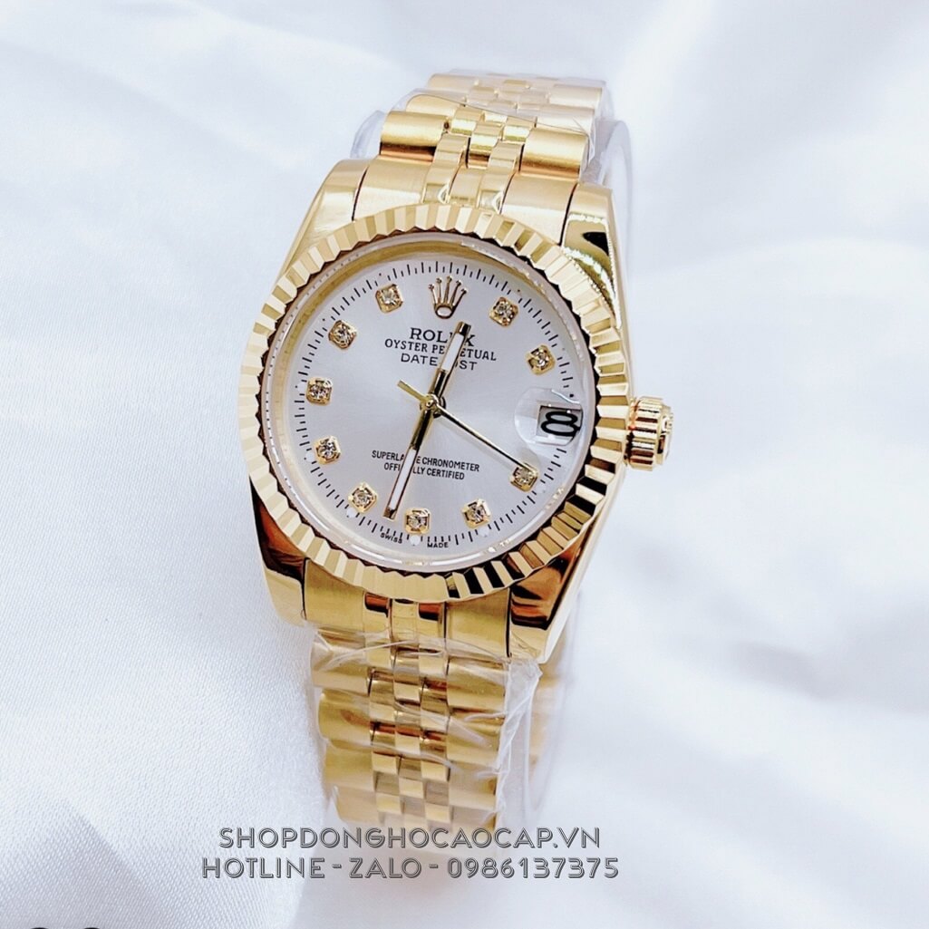 Đồng Hồ Nữ Rolex Datejust Pin Vàng Mặt Trắng Khía 32mm