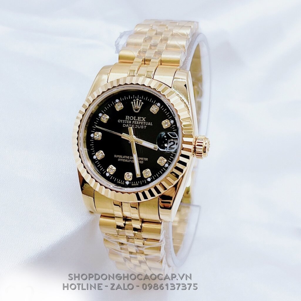 Đồng Hồ Nữ Rolex Datejust Pin Vàng Mặt Đen Khía 32mm