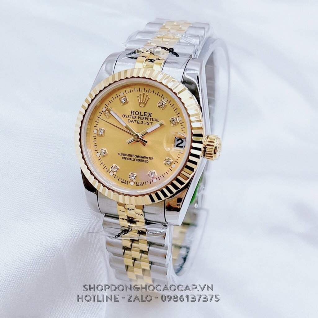 Đồng Hồ Nữ Rolex Datejust Pin Demi Vàng Mặt Khía 32mm