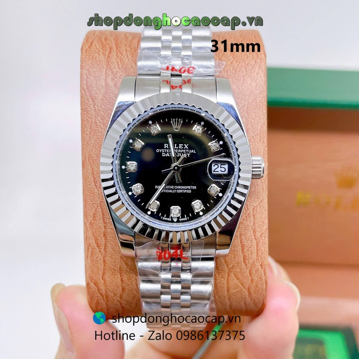 Đồng Hồ Rolex Datejust Nữ Máy Pin Dây Kim Loại Bạc Mặt Đen Niềng Khía Size 31mm