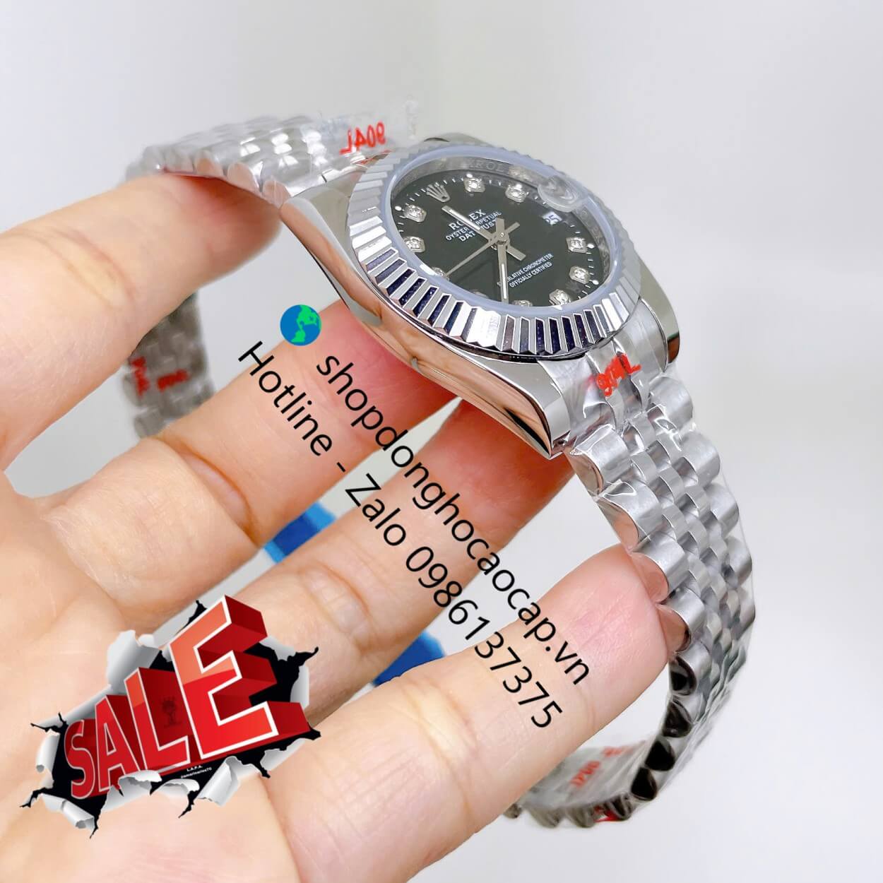 Đồng Hồ Rolex Datejust Nữ Máy Pin Dây Kim Loại Bạc Mặt Đen Niềng Khía Size 31mm