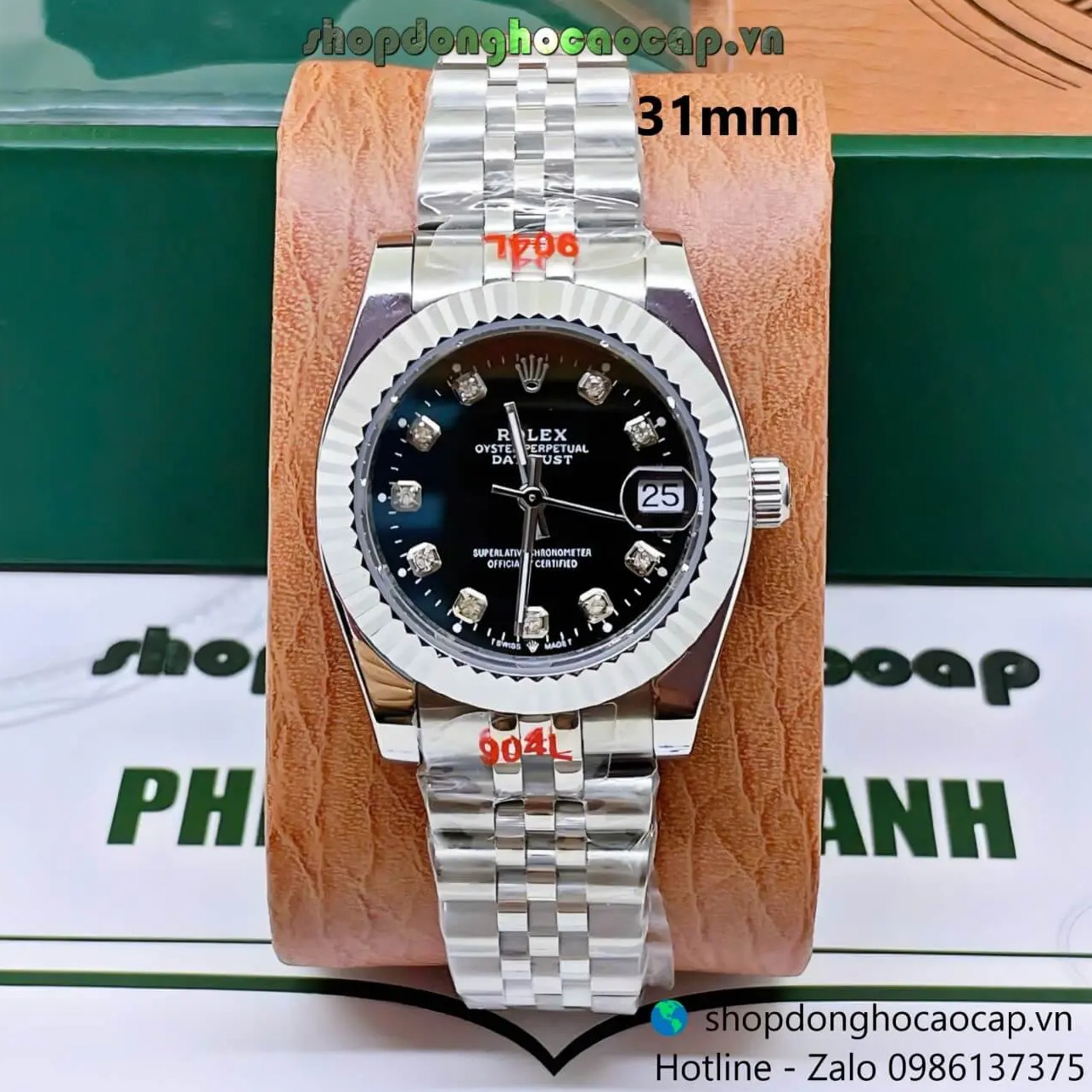 Đồng Hồ Rolex Datejust Nữ Máy Pin Dây Kim Loại Bạc Mặt Đen Niềng Khía Size 31mm