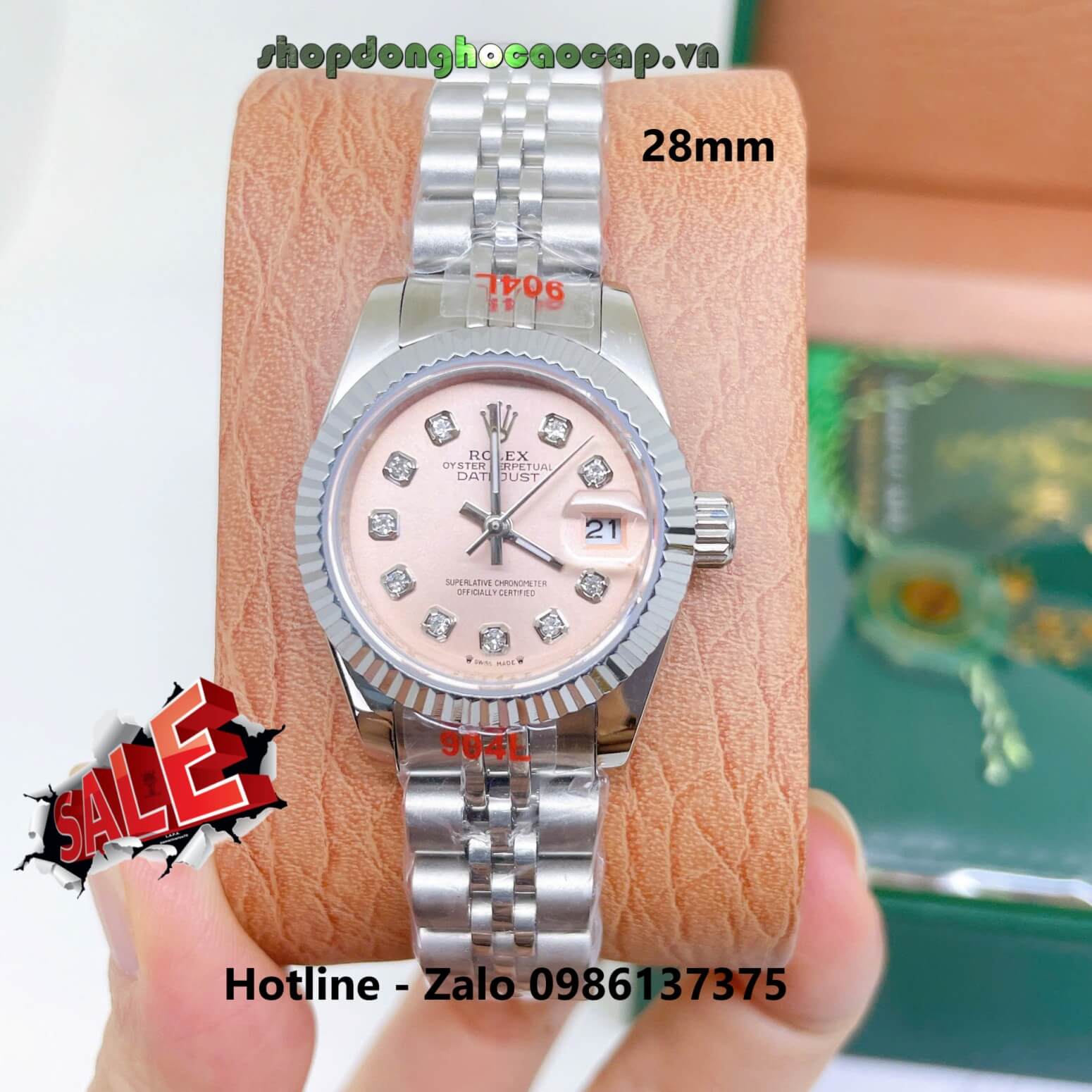 Đồng Hồ Rolex Datejust Nữ Máy Pin Dây Kim Loại Bạc Mặt Hồng Nhạt Size 28mm Viền Khía