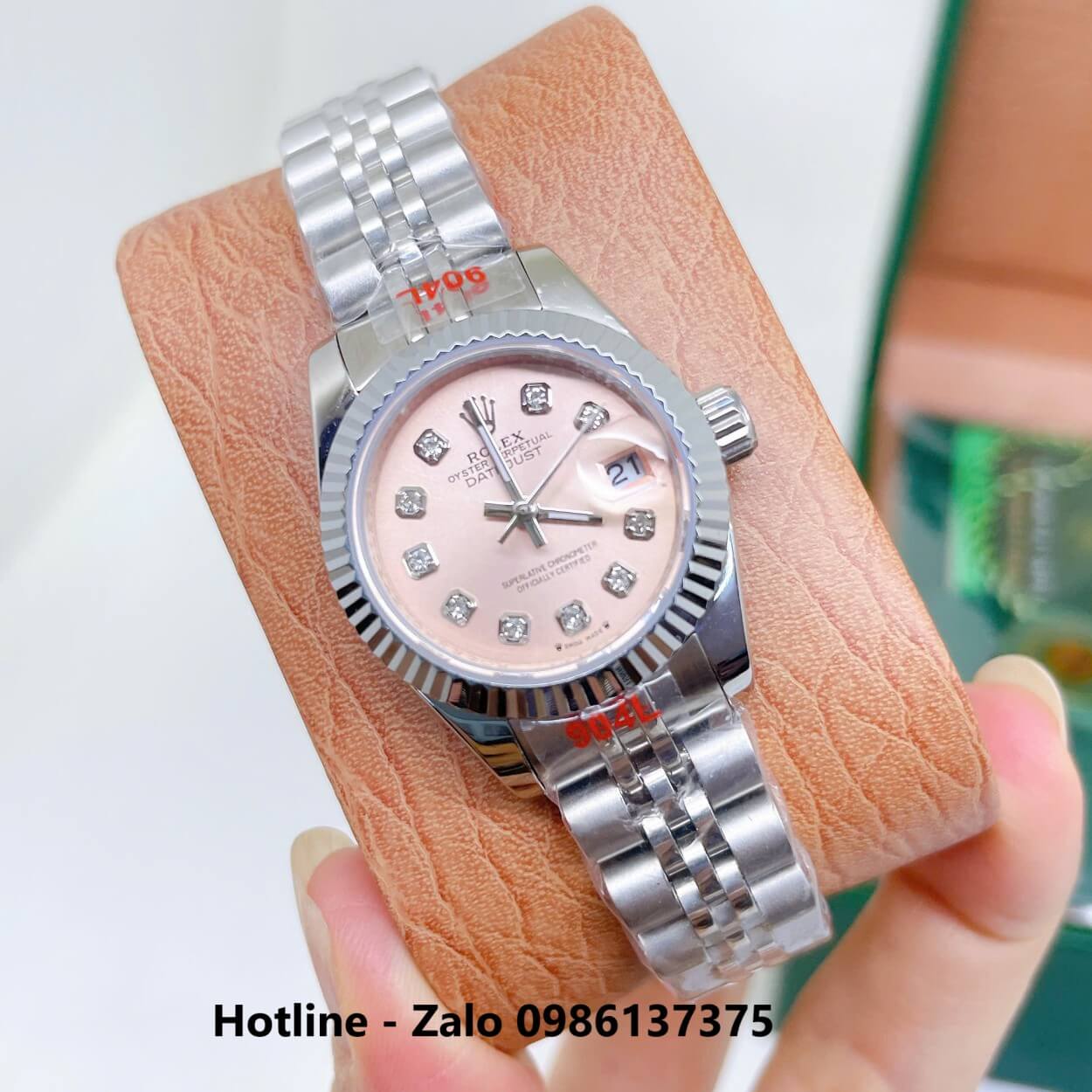 Đồng Hồ Rolex Datejust Nữ Máy Pin Dây Kim Loại Bạc Mặt Hồng Nhạt Size 28mm Viền Khía