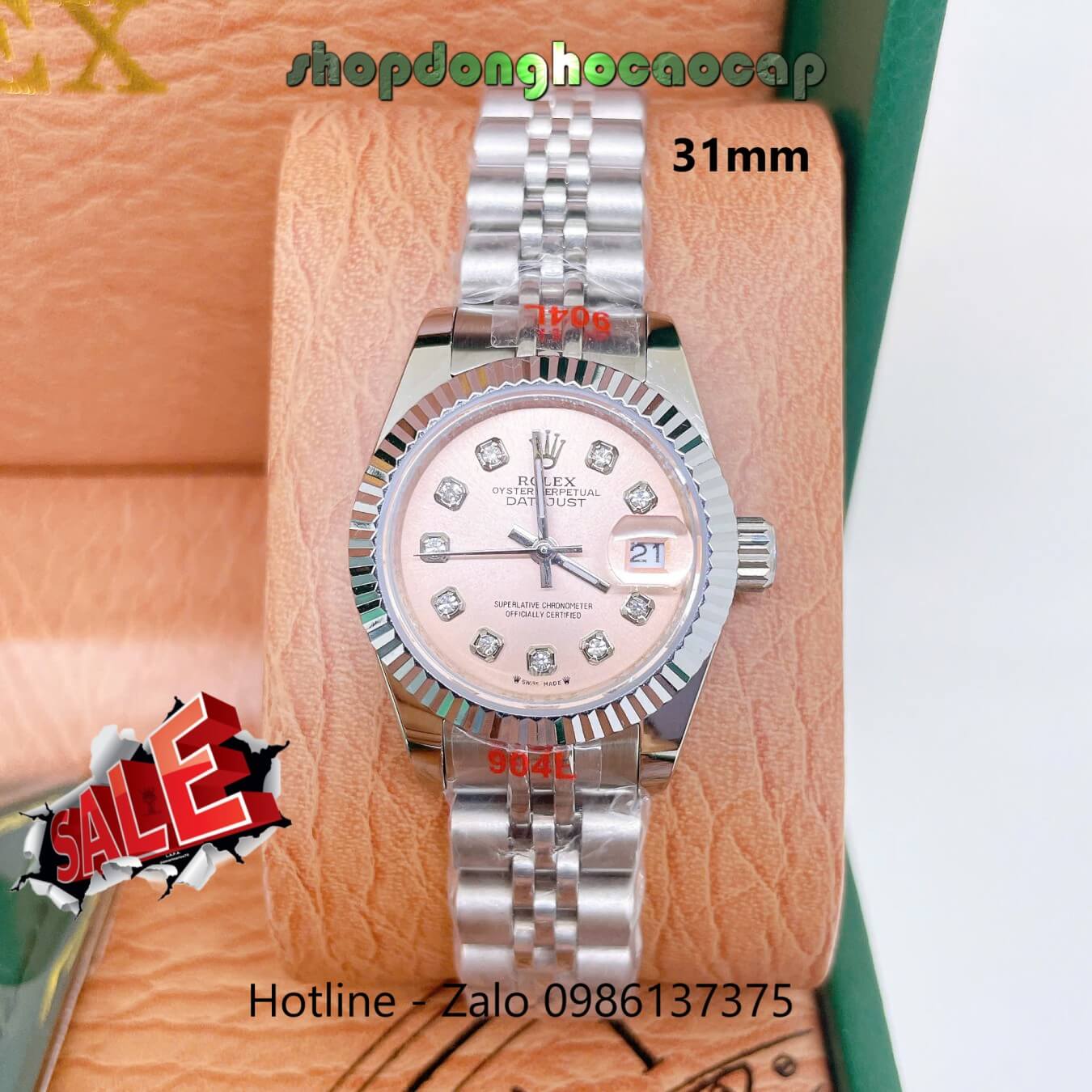 Đồng Hồ Rolex Datejust Nữ Máy Pin Dây Kim Loại Bạc Mặt Hồng Nhạt Size 28mm Viền Khía