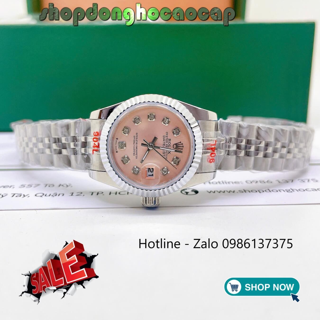 Đồng Hồ Rolex Datejust Nữ Máy Pin Dây Kim Loại Bạc Mặt Hồng Nhạt Size 28mm Viền Khía