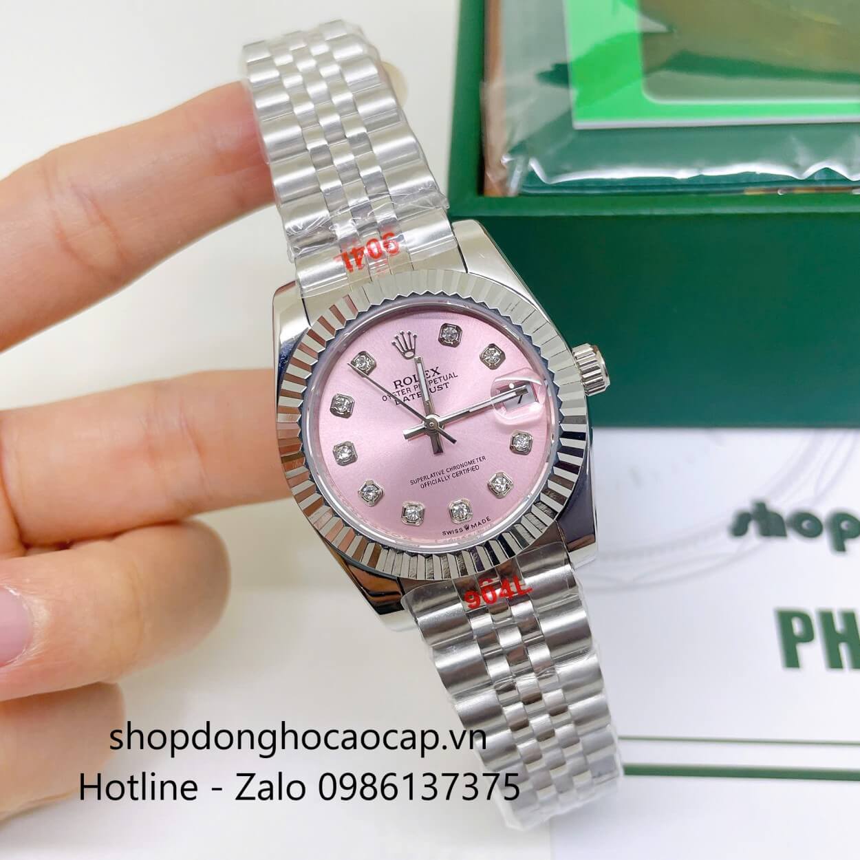 Đồng Hồ Rolex Datejust Nữ Máy Pin Dây Kim Loại Bạc Mặt Hồng Niềng Khía Size 31mm