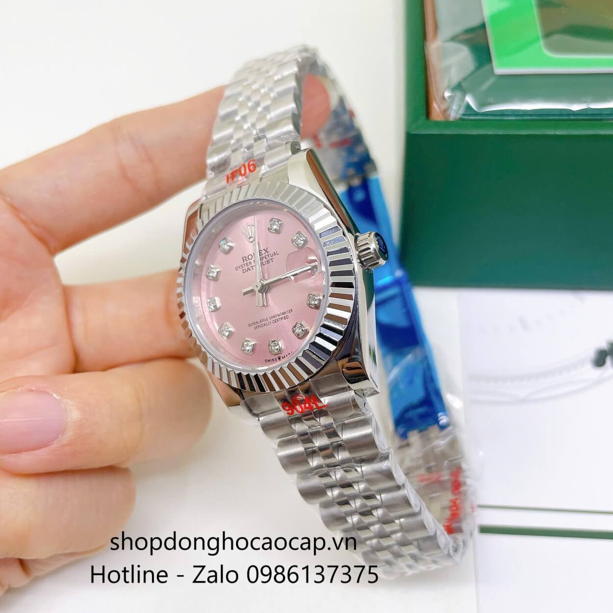 Đồng Hồ Rolex Datejust Nữ Máy Pin Dây Kim Loại Bạc Mặt Hồng Niềng Khía Size 31mm