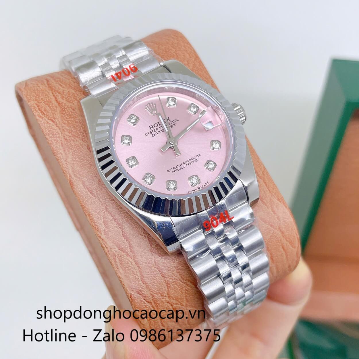 Đồng Hồ Rolex Datejust Nữ Máy Pin Dây Kim Loại Bạc Mặt Hồng Niềng Khía Size 31mm