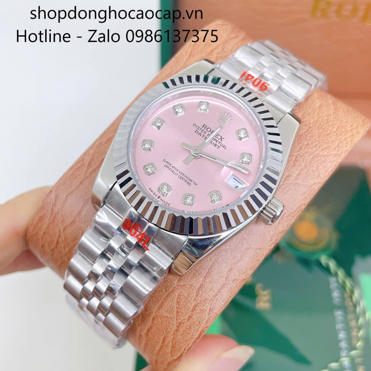 Đồng Hồ Rolex Datejust Nữ Máy Pin Dây Kim Loại Bạc Mặt Hồng Niềng Khía Size 31mm