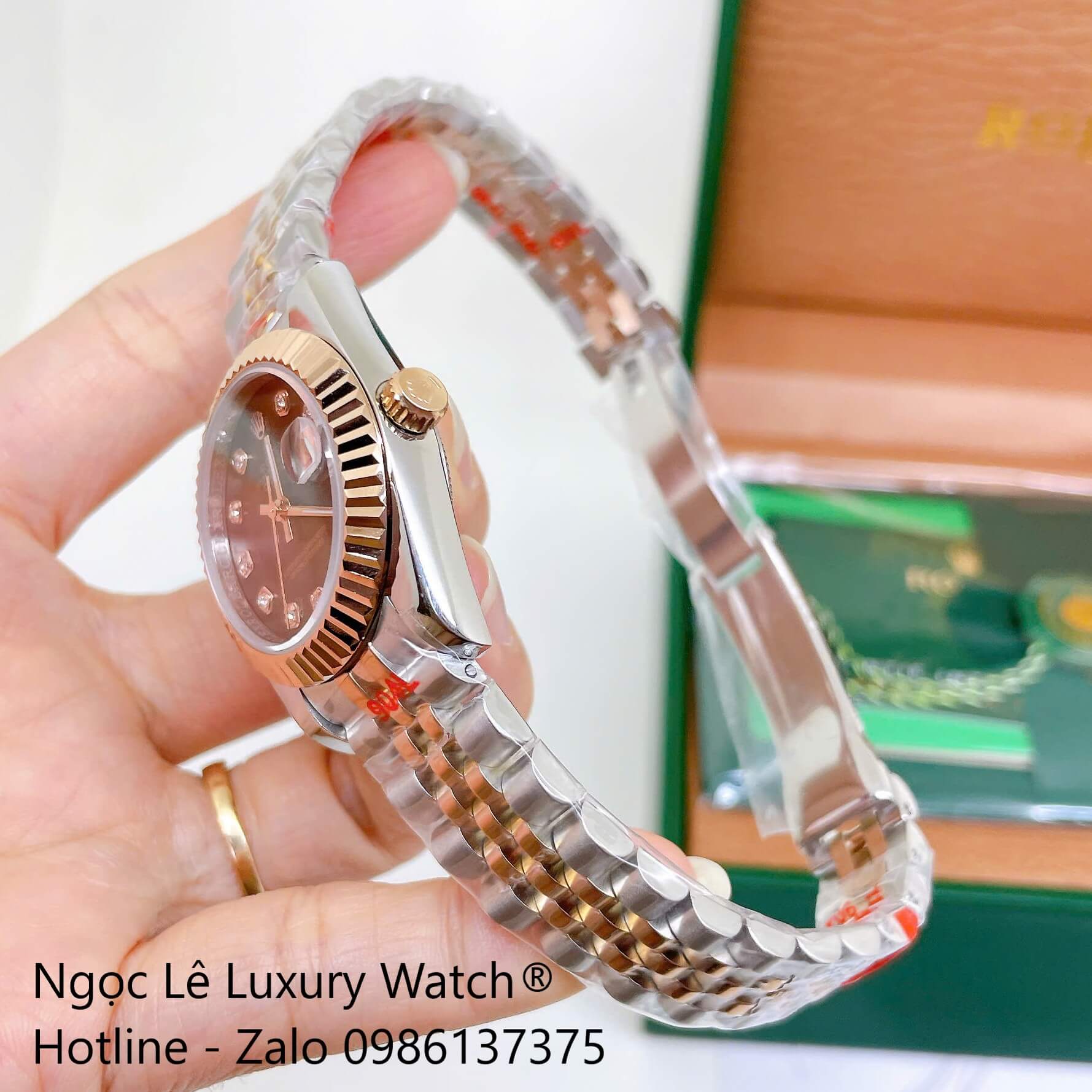 Đồng Hồ Rolex Datejust Nữ Máy Pin Dây Kim Loại Demi Rose Mặt Nâu Niềng Khía Size 31mm