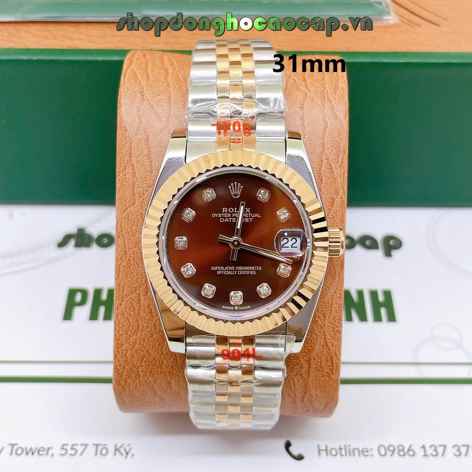 Đồng Hồ Rolex Datejust Nữ Máy Pin Dây Kim Loại Demi Rose Mặt Nâu Niềng Khía Size 31mm
