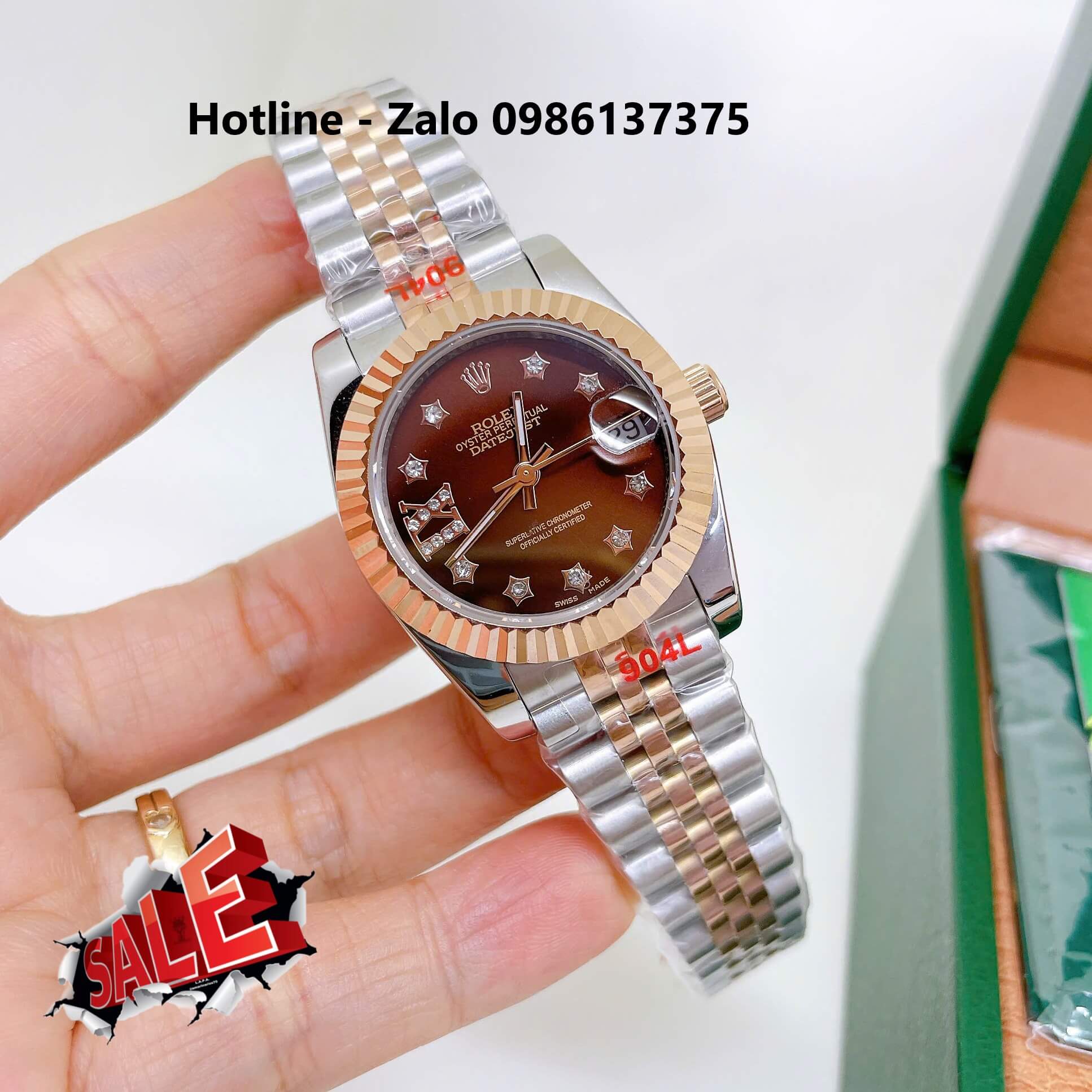 Đồng Hồ Rolex Datejust Nữ Máy Pin Dây Kim Loại Demi Rose Mặt Nâu Niềng Khía Size 31mm - Đính Ngôi Sao