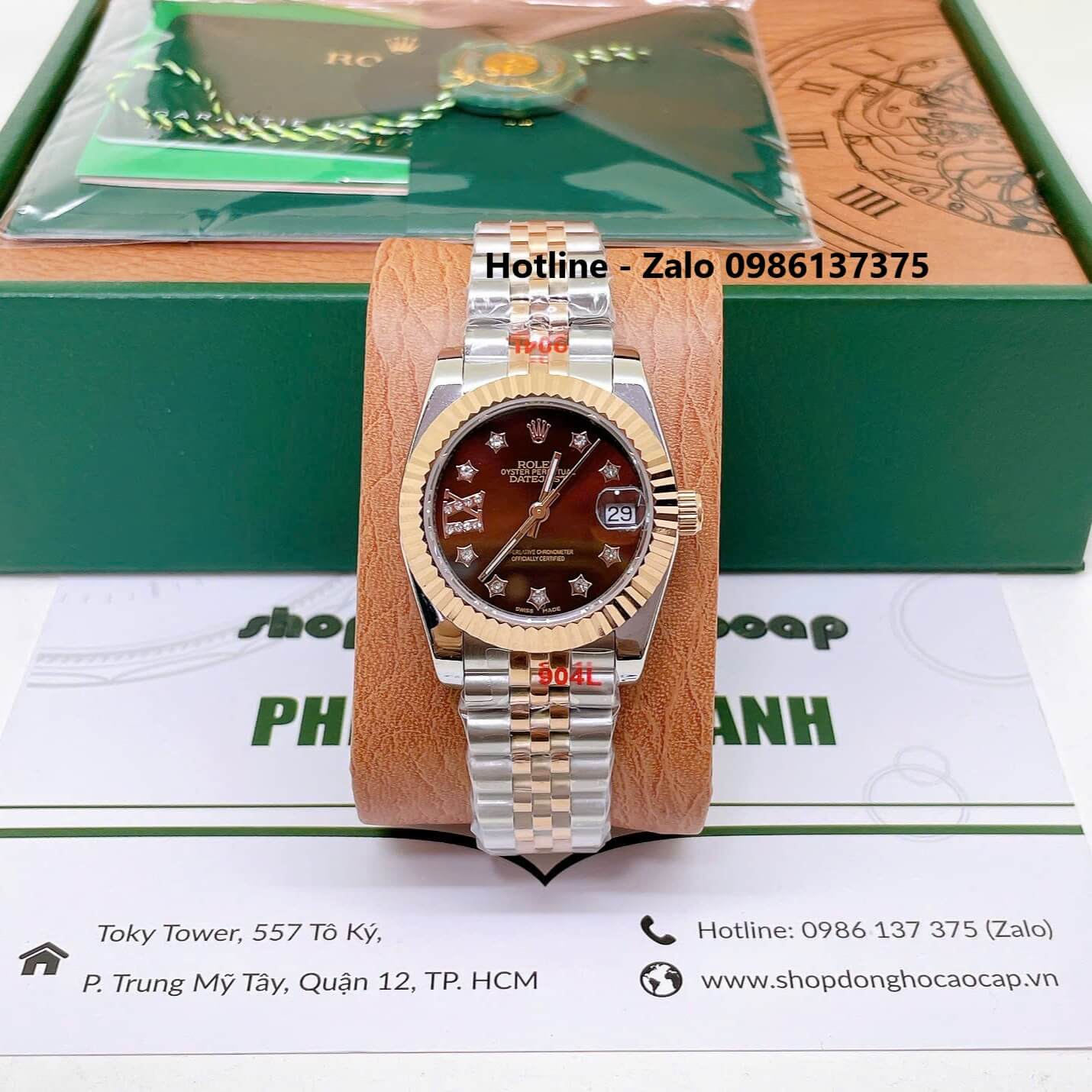 Đồng Hồ Rolex Datejust Nữ Máy Pin Dây Kim Loại Demi Rose Mặt Nâu Niềng Khía Size 31mm - Đính Ngôi Sao