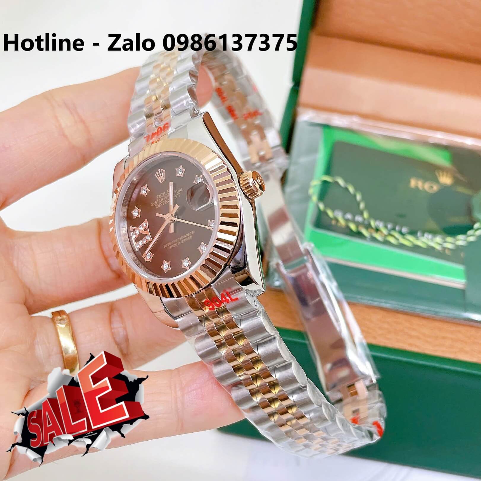 Đồng Hồ Rolex Datejust Nữ Máy Pin Dây Kim Loại Demi Rose Mặt Nâu Niềng Khía Size 31mm - Đính Ngôi Sao