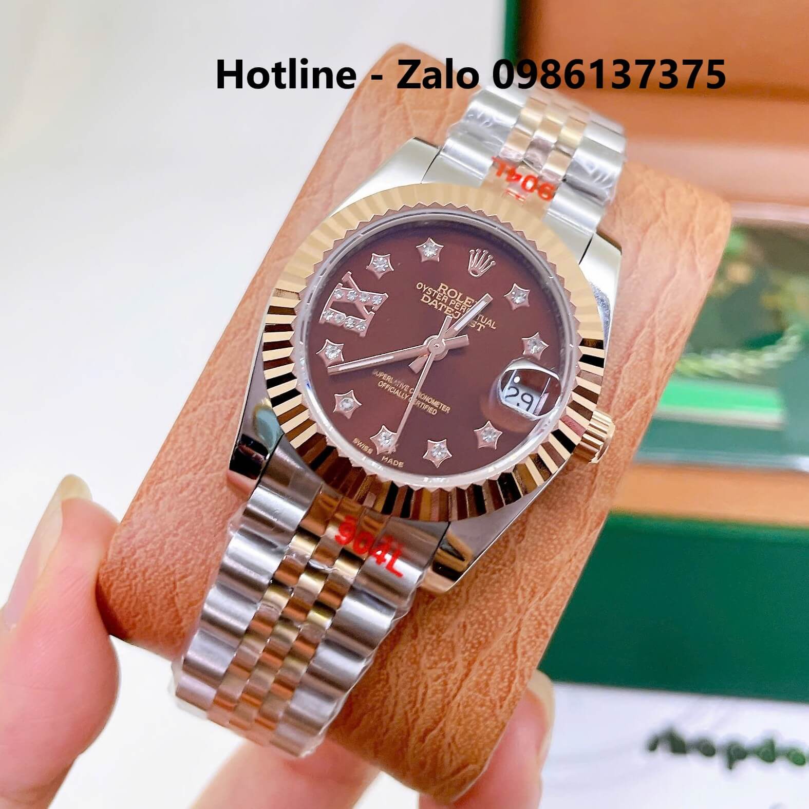 Đồng Hồ Rolex Datejust Nữ Máy Pin Dây Kim Loại Demi Rose Mặt Nâu Niềng Khía Size 31mm - Đính Ngôi Sao
